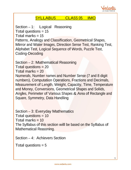 IMO Maths Olympiad Class 5 Syllabus