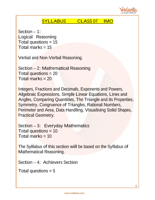 IMO Maths Olympiad Class 7 Syllabus