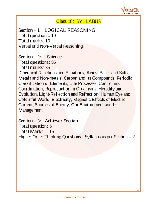 NSO Science Olympiad Class 10 Syllabus