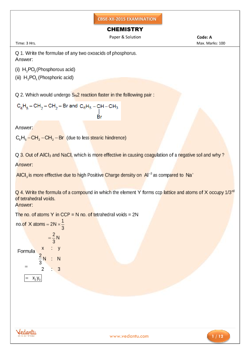 Previous Year Chemistry Question Paper For CBSE Class 12 - 2015