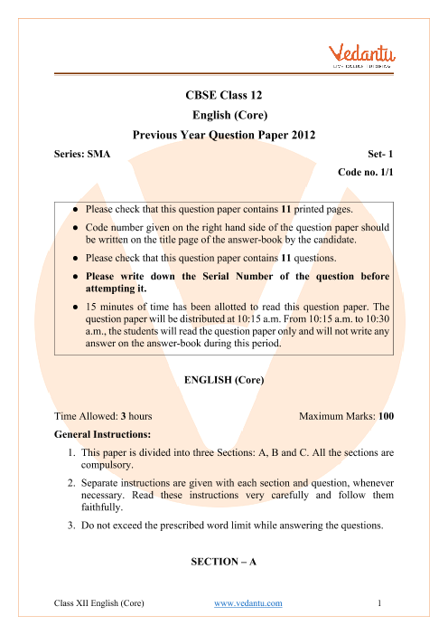 CBSE Class 12 English Core Question Paper 2012 With Solutions