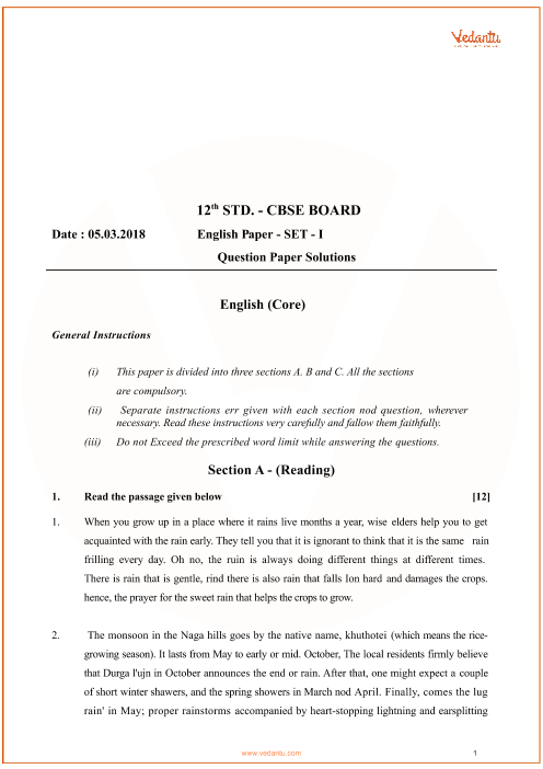Cbse Class English Core Sample Paper With Answers Examples Papers