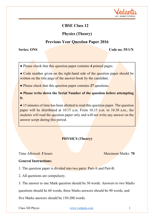 Previous Year Physics Question Paper For Cbse Class 12 2016 Set 1 N