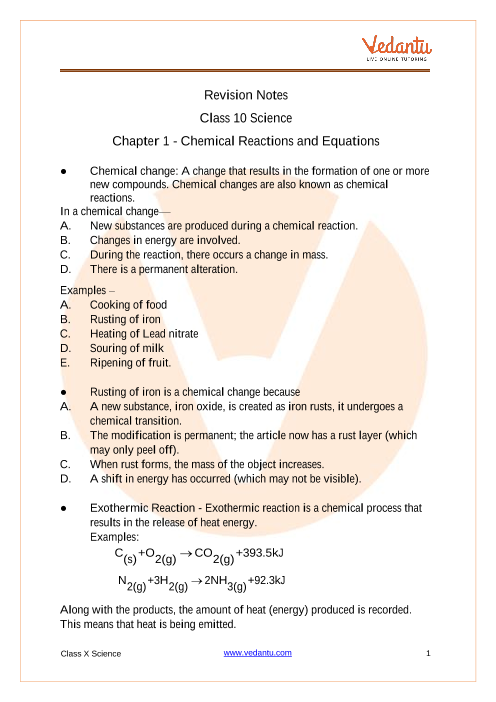 Cbse Class 10 Science Chapter 1 Chemical Reactions And Equations Revision Notes