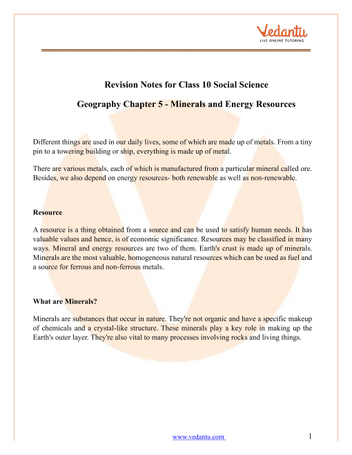 Minerals And Energy Resources Class 10 Notes CBSE Geography Chapter 5 [PDF]