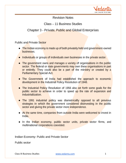 Private Public And Global Enterprises Class 11 Notes Cbse Business Studies Chapter 3 Pdf