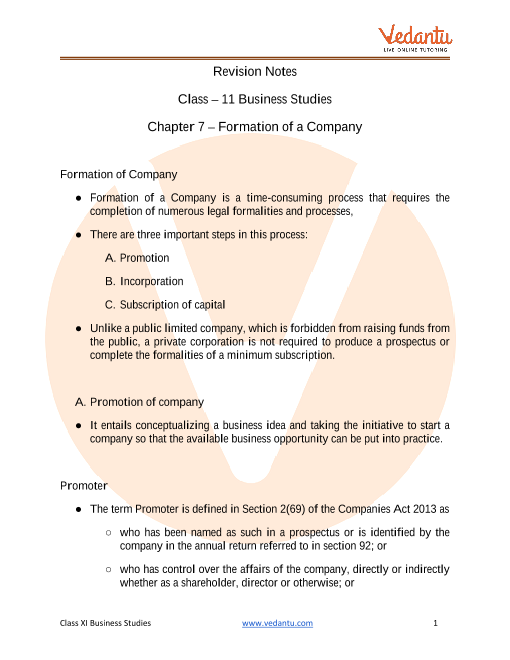 Cbse Class 11 Business Studies Chapter 7 Formation Of A Company Revision Notes