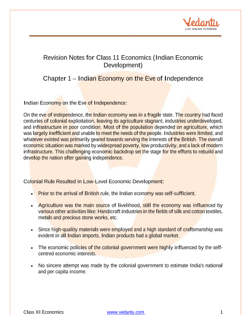 Indian Economy On The Eve Of Independence Class 11 Notes Cbse Economics Chapter 1 Pdf