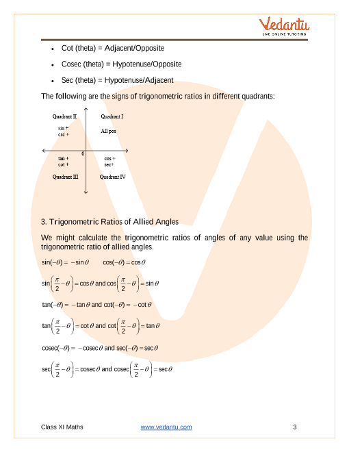 Trigonometric Functions Class 11 Notes CBSE Maths Chapter 3 [PDF]