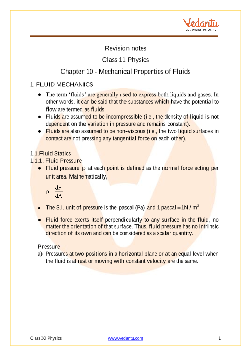 Mechanical Properties Of Fluids Class 11 Notes CBSE Physics Chapter 10 PDF 