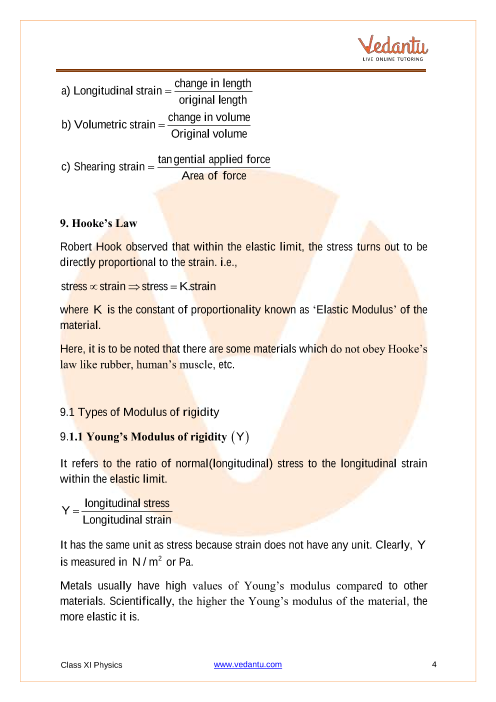 Class 11 Physics Revision Notes For Chapter 9 Mechanical Properties Of Solids