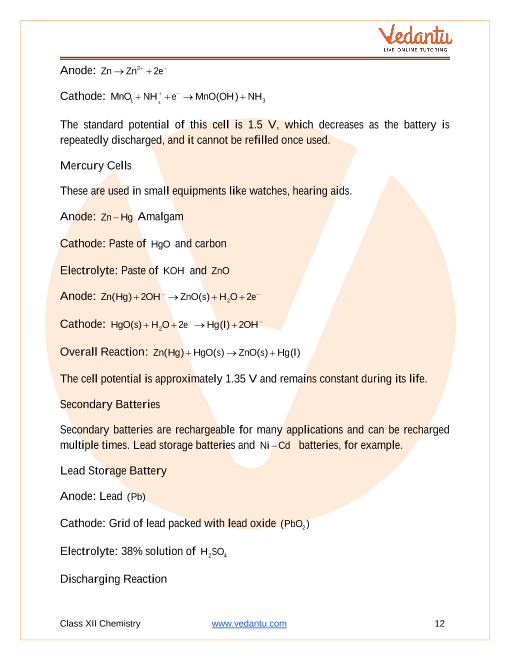 CBSE Class 12 Chemistry - Chapter 3 - Electrochemistry - Revision Notes