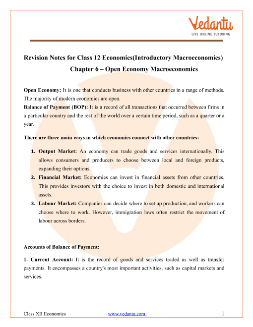 Open Economy Macroeconomics Class 12 Notes CBSE Macro Economics Chapter ...