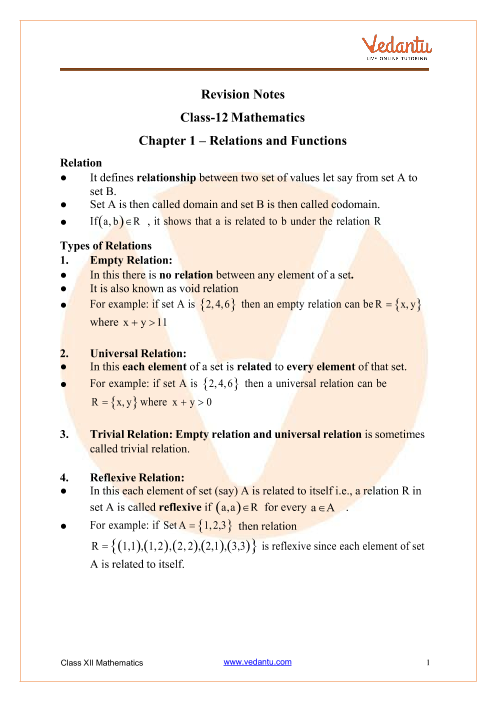 Class 12 Maths Revision Notes For Relations And Functions Of Chapter 1