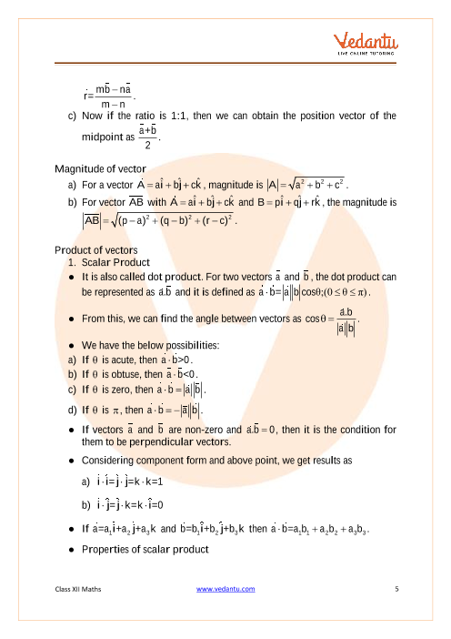 CBSE Class 12 Mathematics - Chapter 10 - Vector - Revision Notes