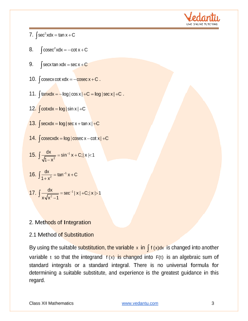 CBSE Class 12 Mathematics - Chapter 7 - Integrals - Revision Notes