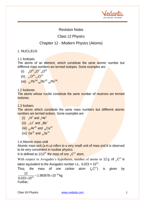 Atoms Class 12 Notes CBSE Physics Chapter 12 PDF 