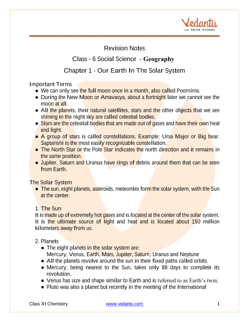 Class 6 CBSE Revision Notes on Geography Chapter 1 The Earth in the