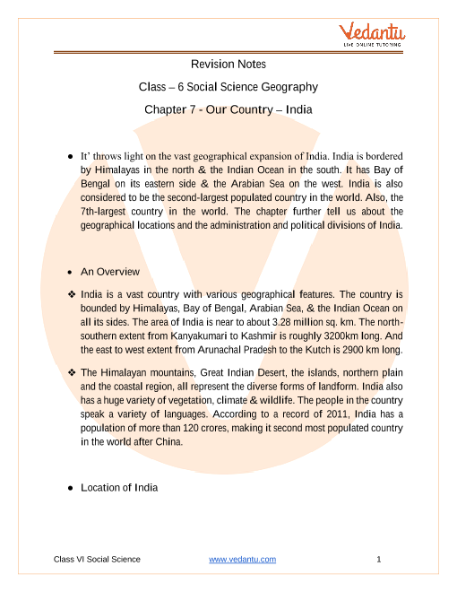 CBSE Class 6 Geography Chapter 7 Notes Our Country India