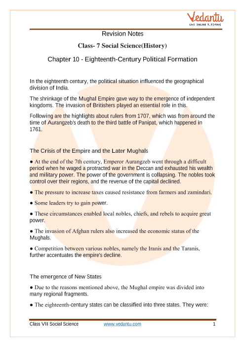 Eighteenth century Political Formation Class 7 Notes CBSE History 