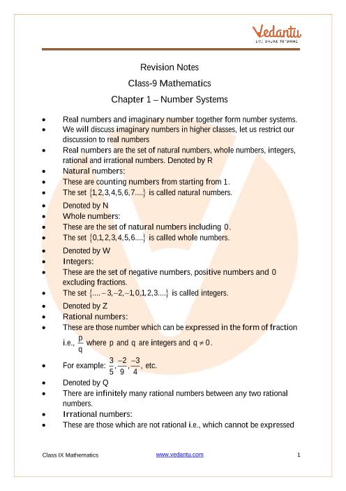 Number Systems Class 9 Notes CBSE Maths Chapter 1 [PDF]