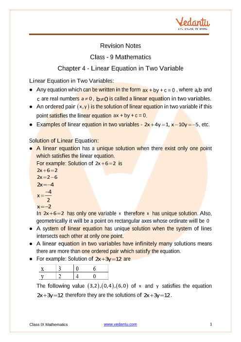 Linear Equations In Two Variables Class 9 Notes Cbse Maths Chapter 4 Pdf 2609
