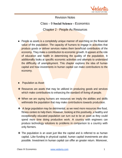 Cbse Class 9 Economics Chapter 2 Notes People As Resource