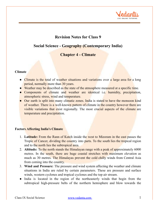 Climate Class 9 Notes CBSE Geography Chapter 4 PDF 