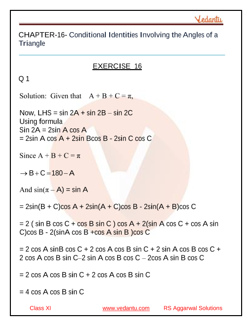 Rs Aggarwal Class 11 Solutions Chapter 16 Conditional Identities Involving The Angles Of A Triangle