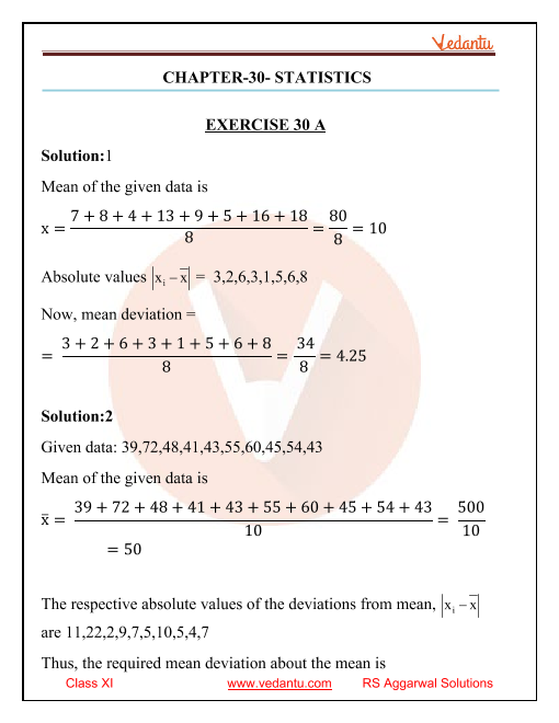 RS Aggarwal Class 11 Solutions Chapter-30 Statistics