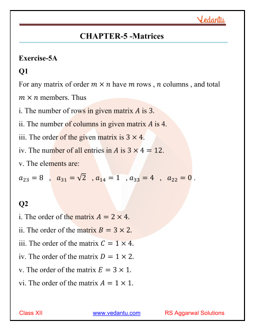 Rs Aggarwal Class 12 Solutions Chapter 5 Matrices