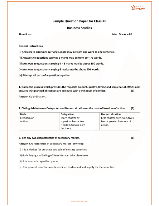 Business Studies Class 12 Cbse Solved Sample Papers