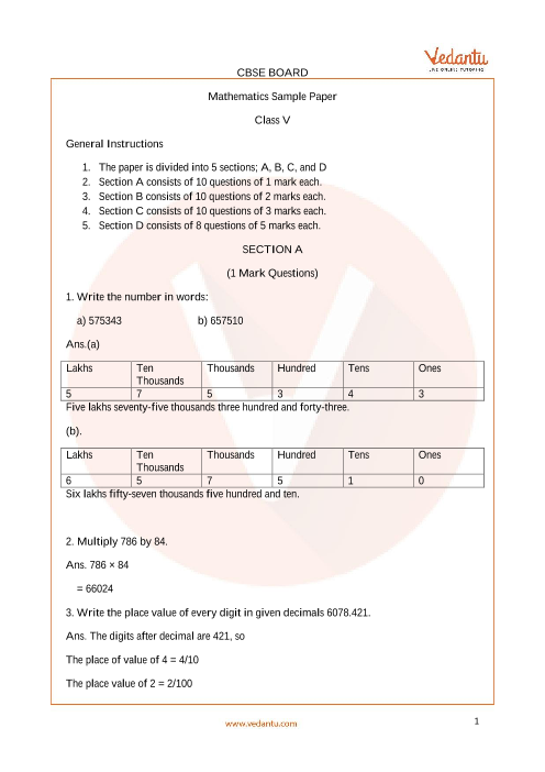 CBSE Sample Paper For Class 5 Maths With Solutions Mock Paper 2