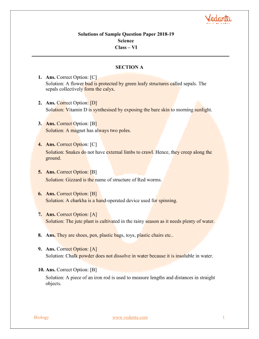 Cbse Sample Paper For Class 6 Science With Solutions Mock Paper 1