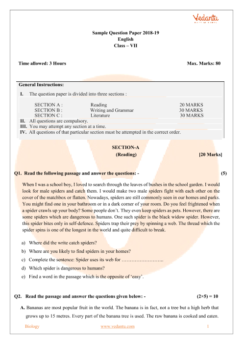 Cbse Sample Paper For Class 7 English With Solutions Mock Paper 1 