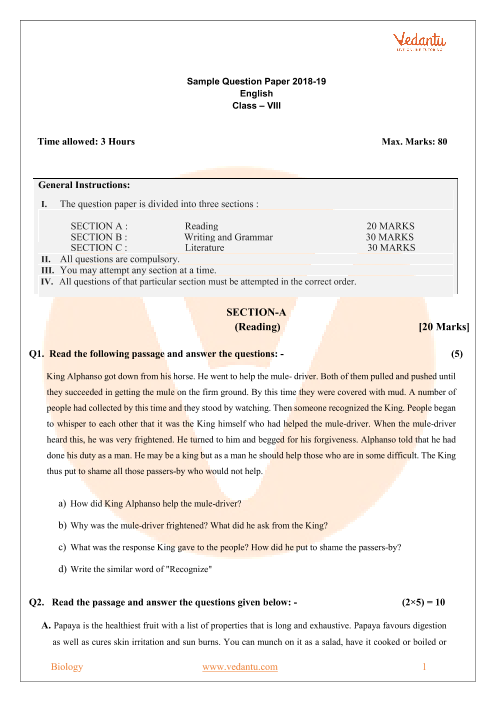 essay on 8th class question paper
