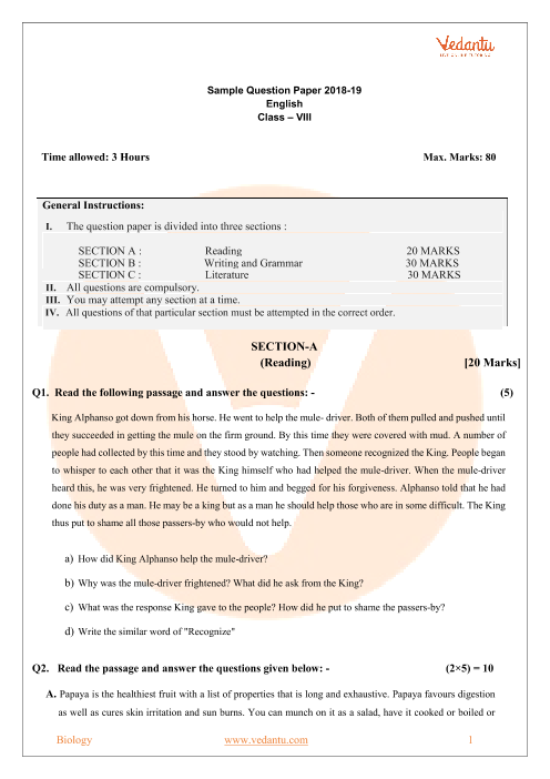 8th English Question Paper 2019 Pdf Download