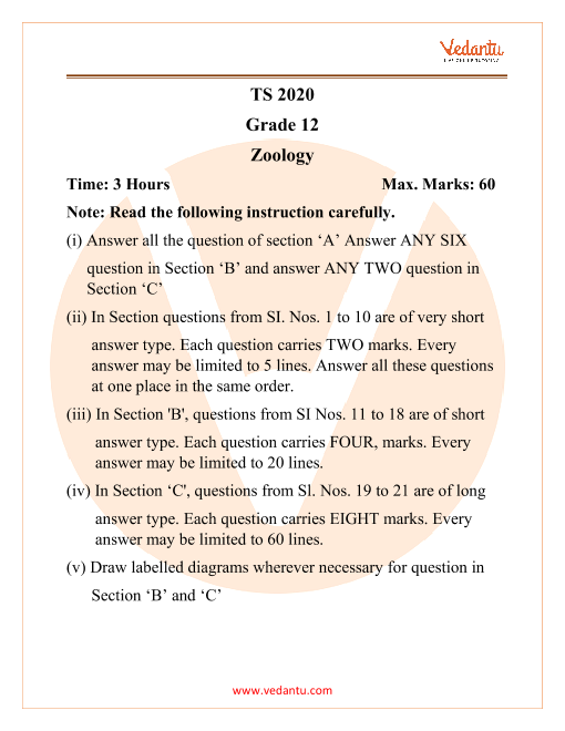 TSBSE Class 12 Zoology Question Paper 2020