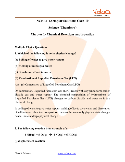 NCERT Exemplar for Class 10 Science Chapter 1 - Chemical Reactions and ...