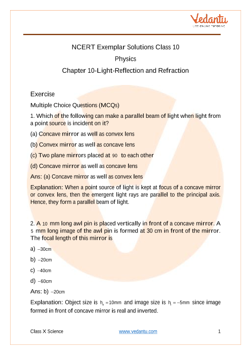 NCERT Exemplar for Class 10 Science Chapter 10 - Light Reflection