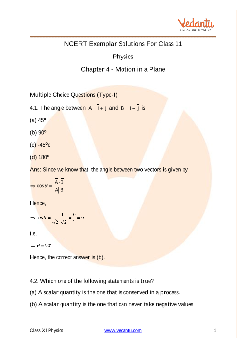 NCERT Exemplar for Class 11 Physics Chapter 4 - Motion in a Plane (Book ...