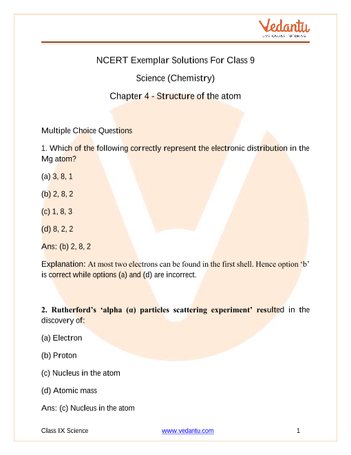 NCERT Exemplar For Class 9 Science Chapter 4 - Structure Of The Atom ...