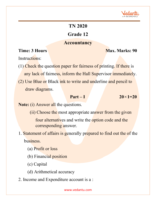 TNHSC Class 12 Accountancy Question Paper 2020