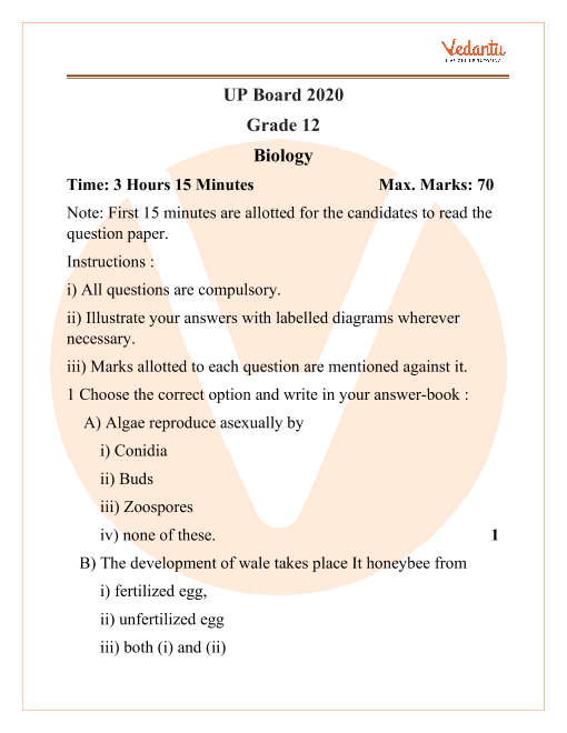 biology class 12 up board paper 2020