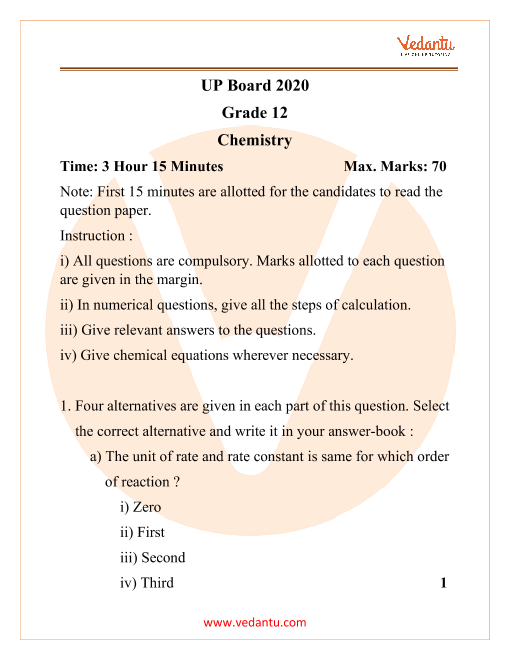 up board class 12 chemistry question paper 2020 pdf