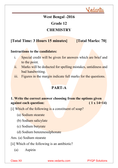 West Bengal Board (WBCHSE) Question Paper For Class 12 Chemistry 2016