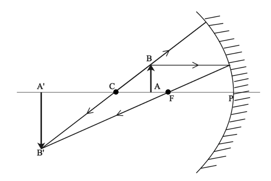 Draw a ray diagram for a concave mirror when the object is between the