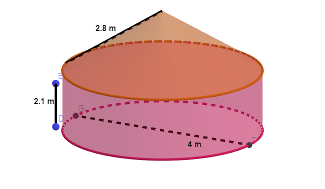 A tent is in the shape of a cylinder surmounted by a conical top.