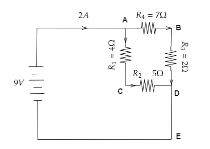 A $9{\\text{V}}$ battery is connected to four resistors to form a ...