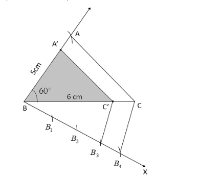 Draw a triangle \\[ABC\\] with side BC = 6 cm, AB = 5 cm and $\\angle ...